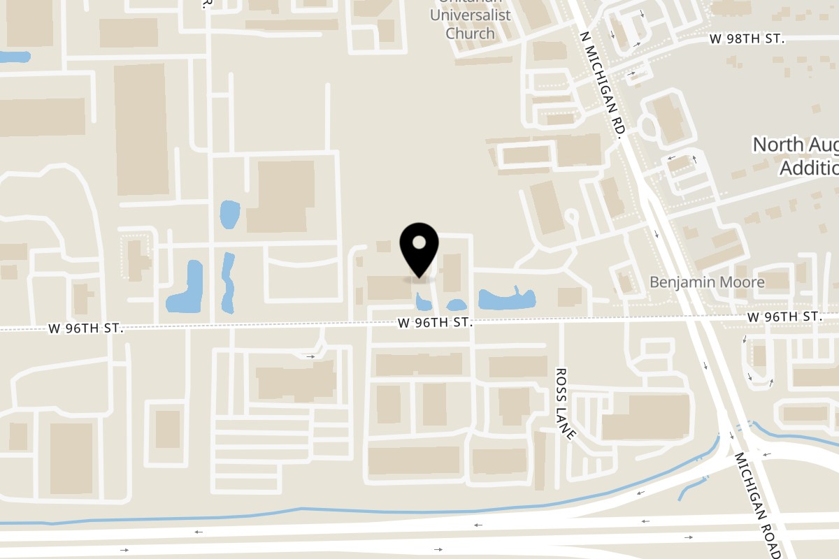 Map showing the location of Bakes & Bites on 4320 W 96th St in Indianapolis